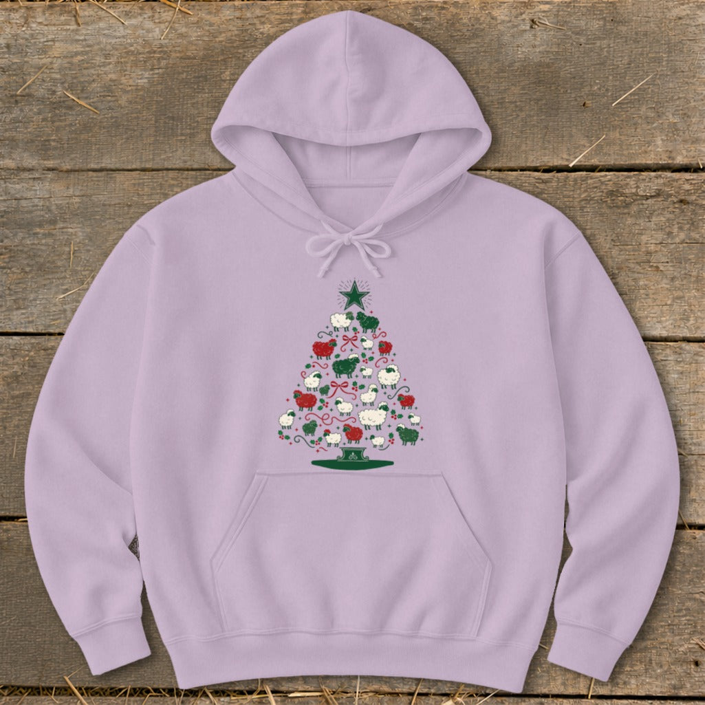 Lilac hoodie with a Christmas tree design made of colorful sheep and bows.