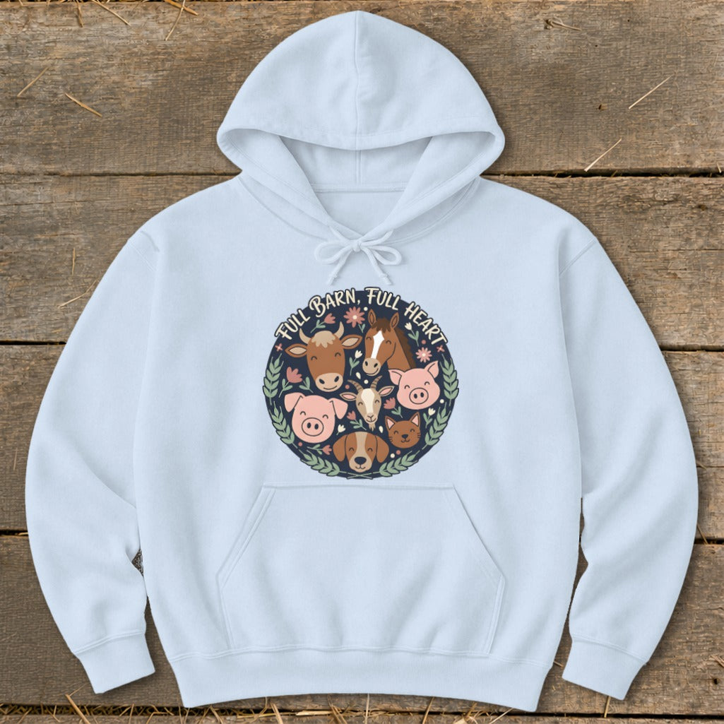 Light blue hoodie with a circular farm animal graphic and text.