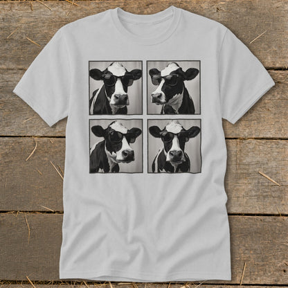 Four black and white portraits of cows wearing sunglasses on a t-shirt.