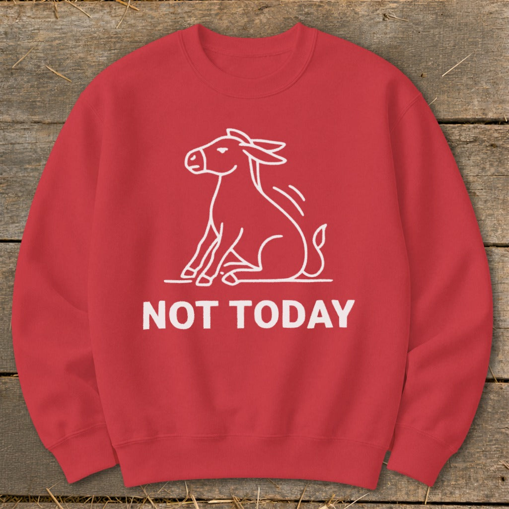 Red sweatshirt with a white line drawing of a donkey and the text "NOT TODAY".