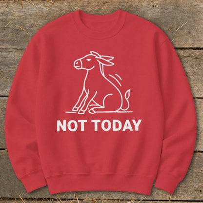 Red sweatshirt with a white line drawing of a donkey and the text "NOT TODAY".