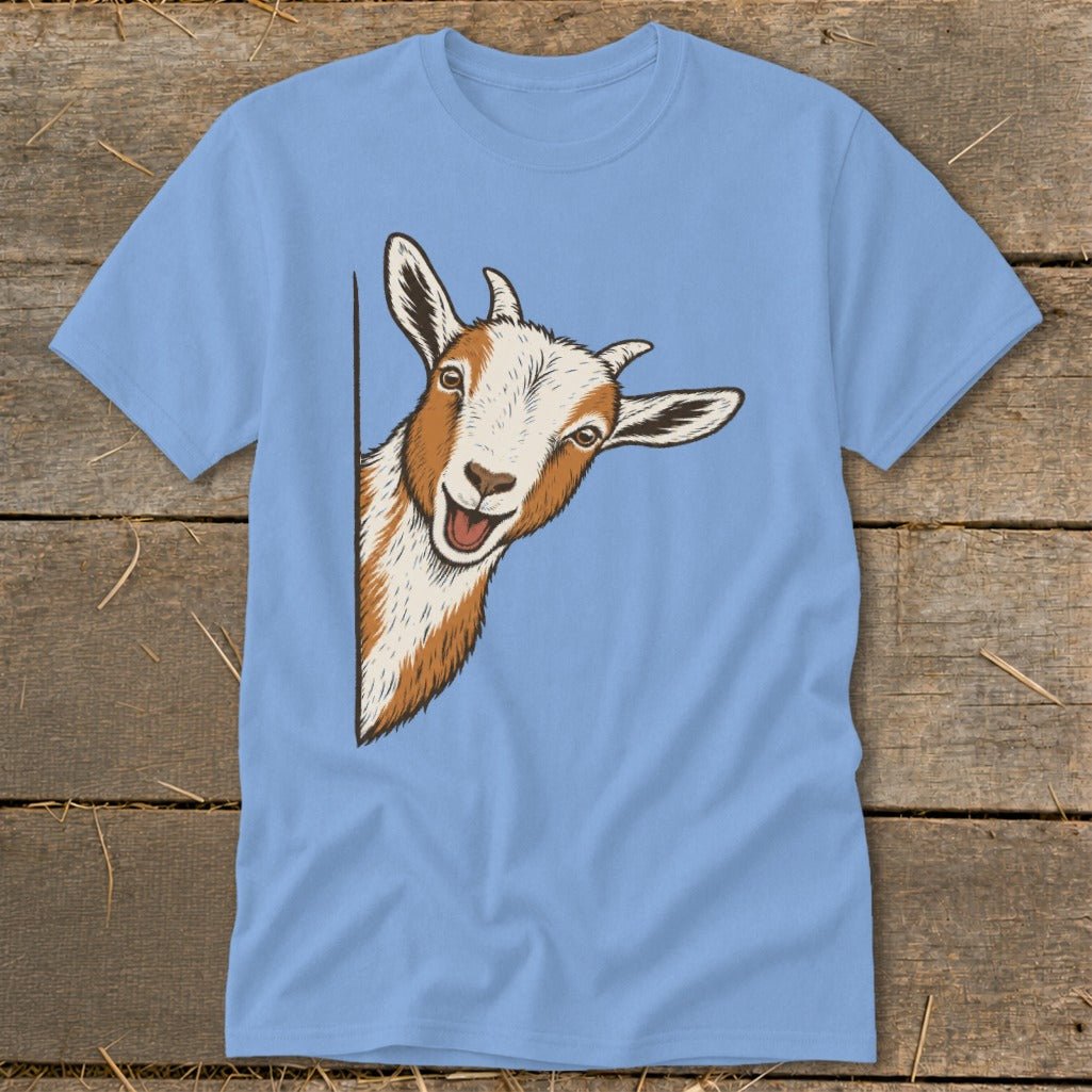 Light blue t-shirt with a smiling goat peeking from behind a vertical line.