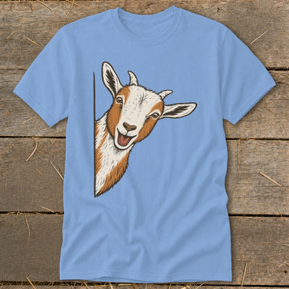 Light blue t-shirt with a smiling goat peeking from behind a vertical line.