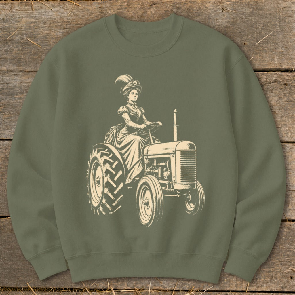 Illustration of a woman in vintage clothing driving a tractor.