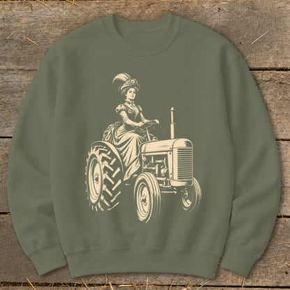Illustration of a woman in vintage clothing driving a tractor.