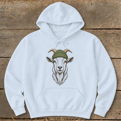 White hoodie with a drawing of a goat wearing a green beanie.