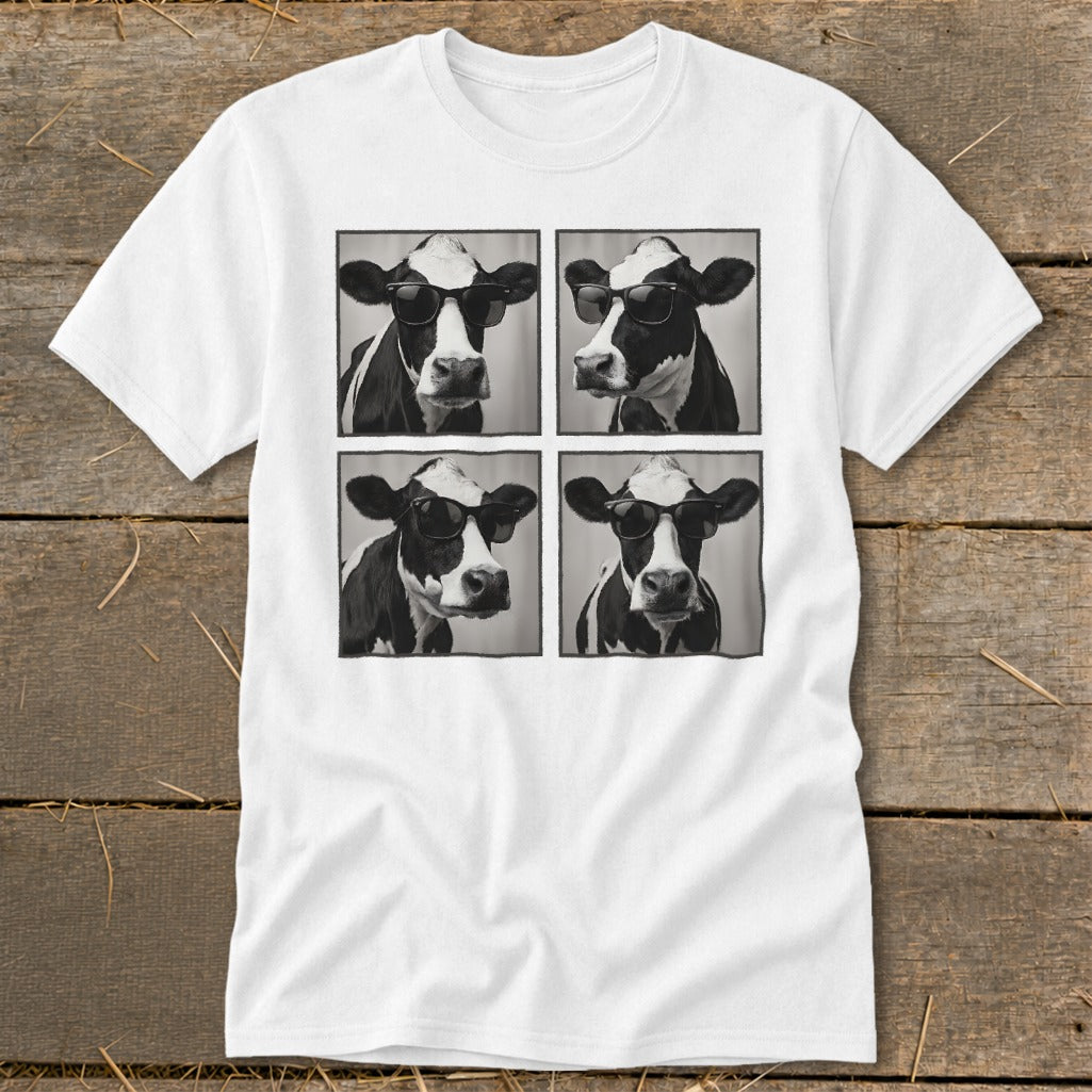 Four black and white photos of cows wearing sunglasses on a white t-shirt.