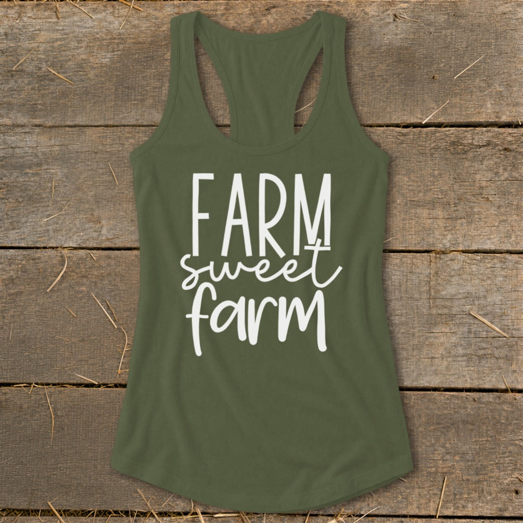 Olive green tank top with "FARM sweet farm" text in white.