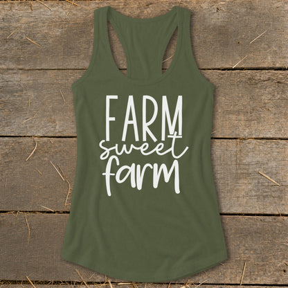 Olive green tank top with "FARM sweet farm" text in white.