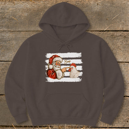 Santa booping a chicken with the word "Boop" on a distressed white striped background.