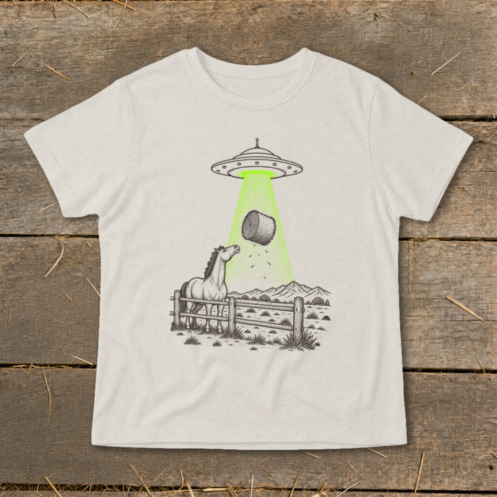 UFO beams a hay bale down onto a horse in a fenced pasture with mountains.
