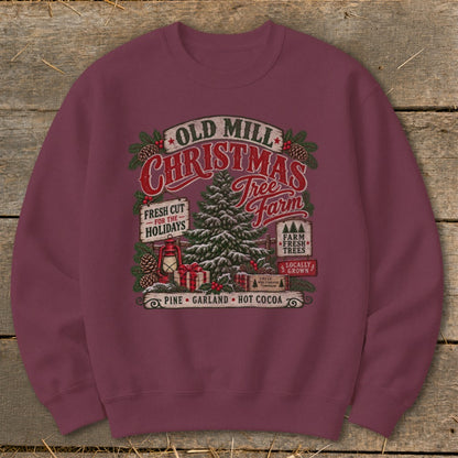 Old Mill Christmas Tree Farm graphic with pine, garland, and hot cocoa text.