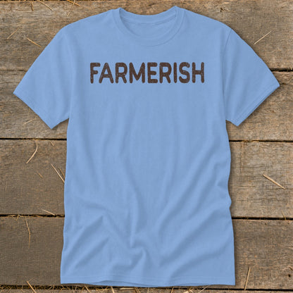 Light blue t-shirt with "FAR MERISH" text in brown distressed font.