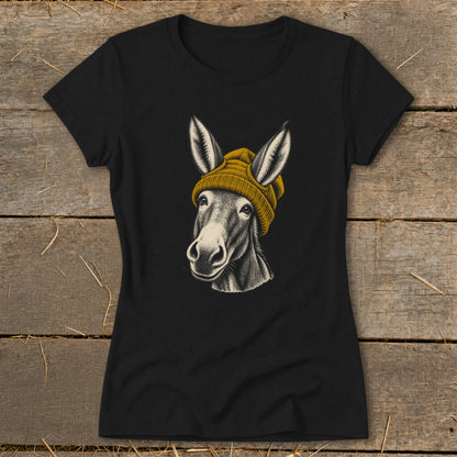 Black t-shirt with a charcoal drawing of a donkey wearing a mustard yellow beanie.