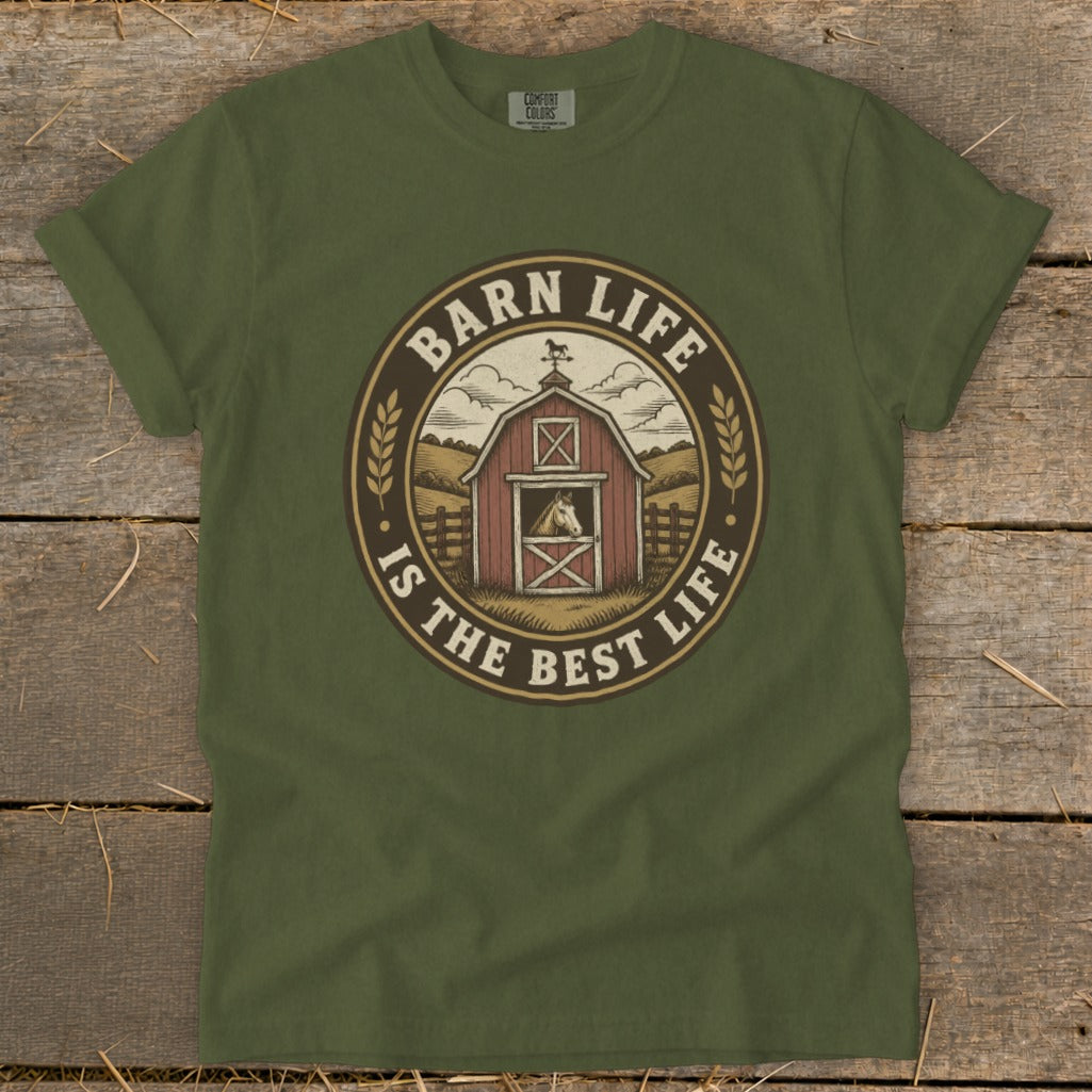 Green t-shirt with "Barn Life Is The Best Life" graphic featuring a red barn and horse.