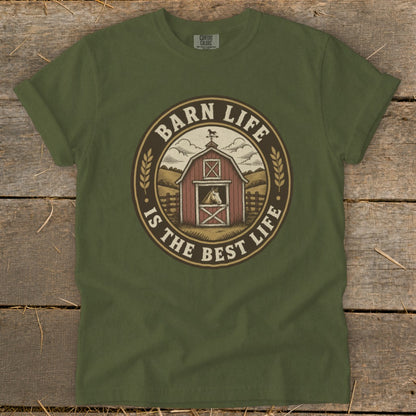 Green t-shirt with "Barn Life Is The Best Life" graphic featuring a red barn and horse.