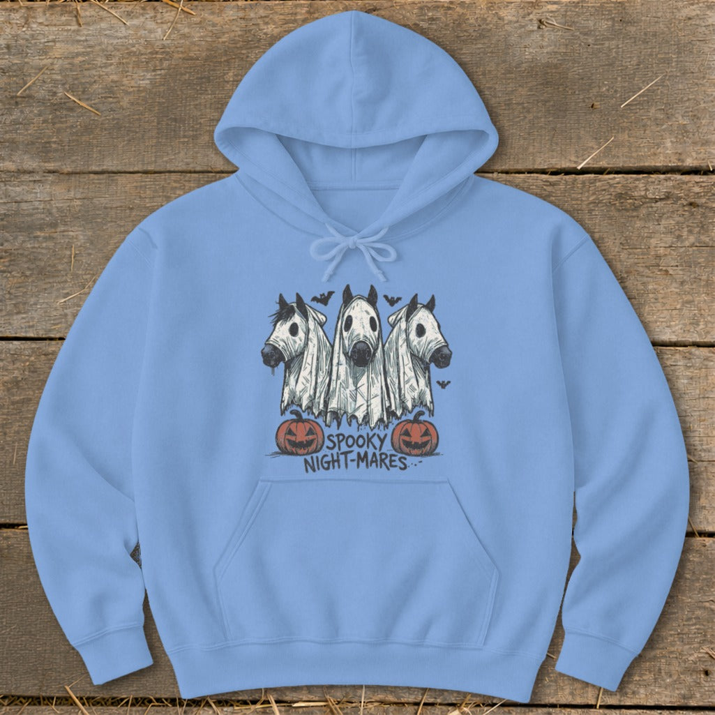 Light blue hoodie with three horses dressed as ghosts, pumpkins, and "SPOOKY NIGHT-MARES" text.