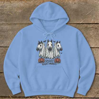 Light blue hoodie with three horses dressed as ghosts, pumpkins, and "SPOOKY NIGHT-MARES" text.