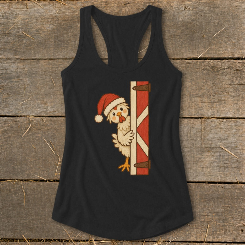 Cartoon chicken in Santa hat peeking from behind a red barn door graphic.
