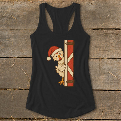 Cartoon chicken in Santa hat peeking from behind a red barn door graphic.