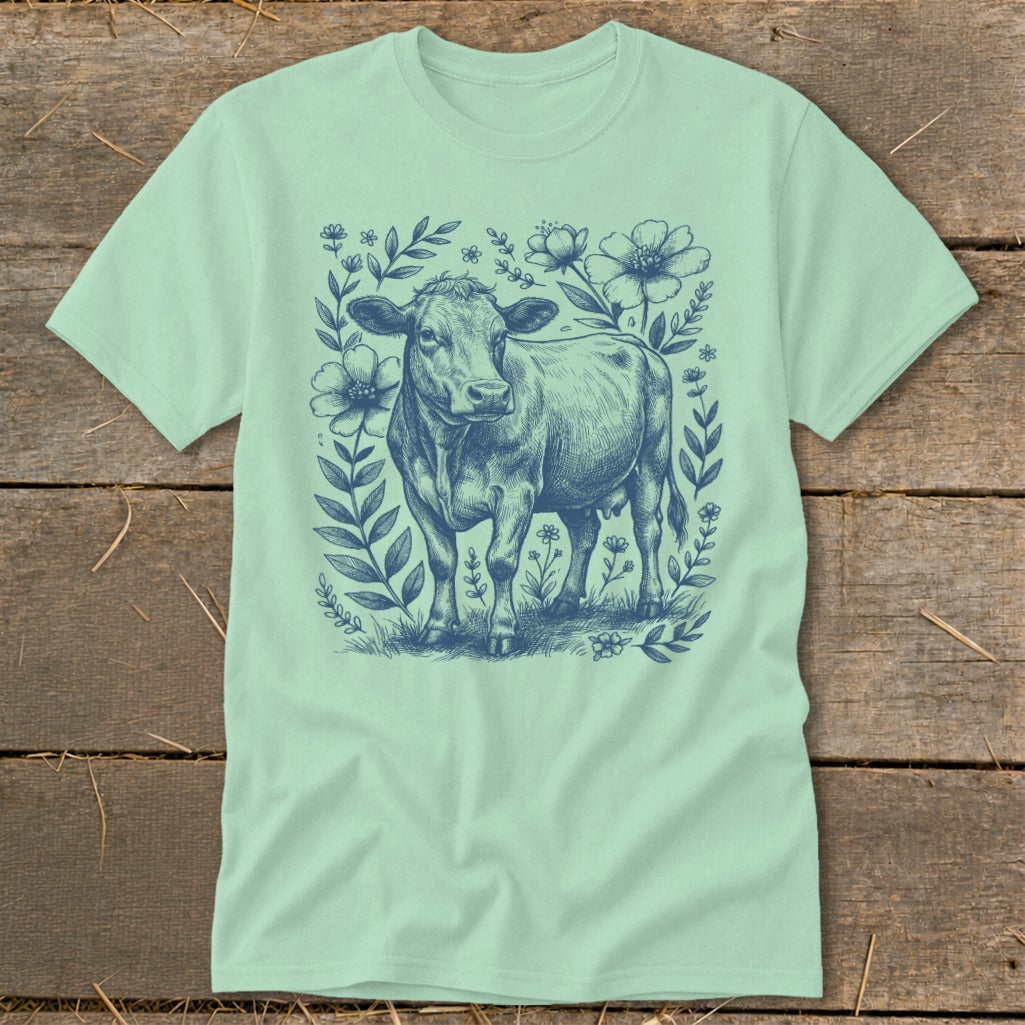 Light green t-shirt with a blue line drawing of a cow surrounded by flowers and leaves.
