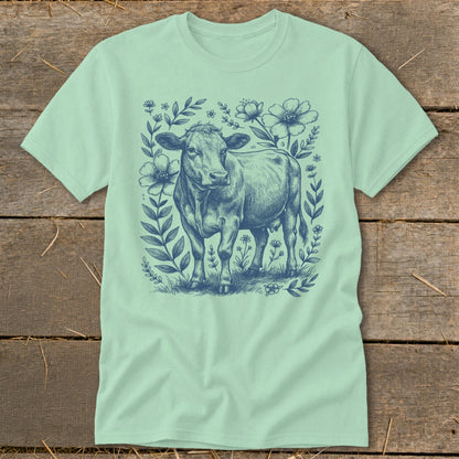 Light green t-shirt with a blue line drawing of a cow surrounded by flowers and leaves.