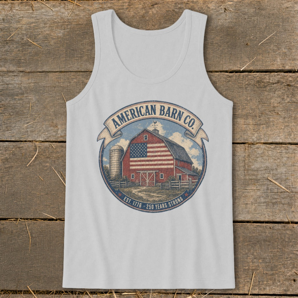 Graphic on white tank top: red barn with American flag, silo, and text "American Barn Co."