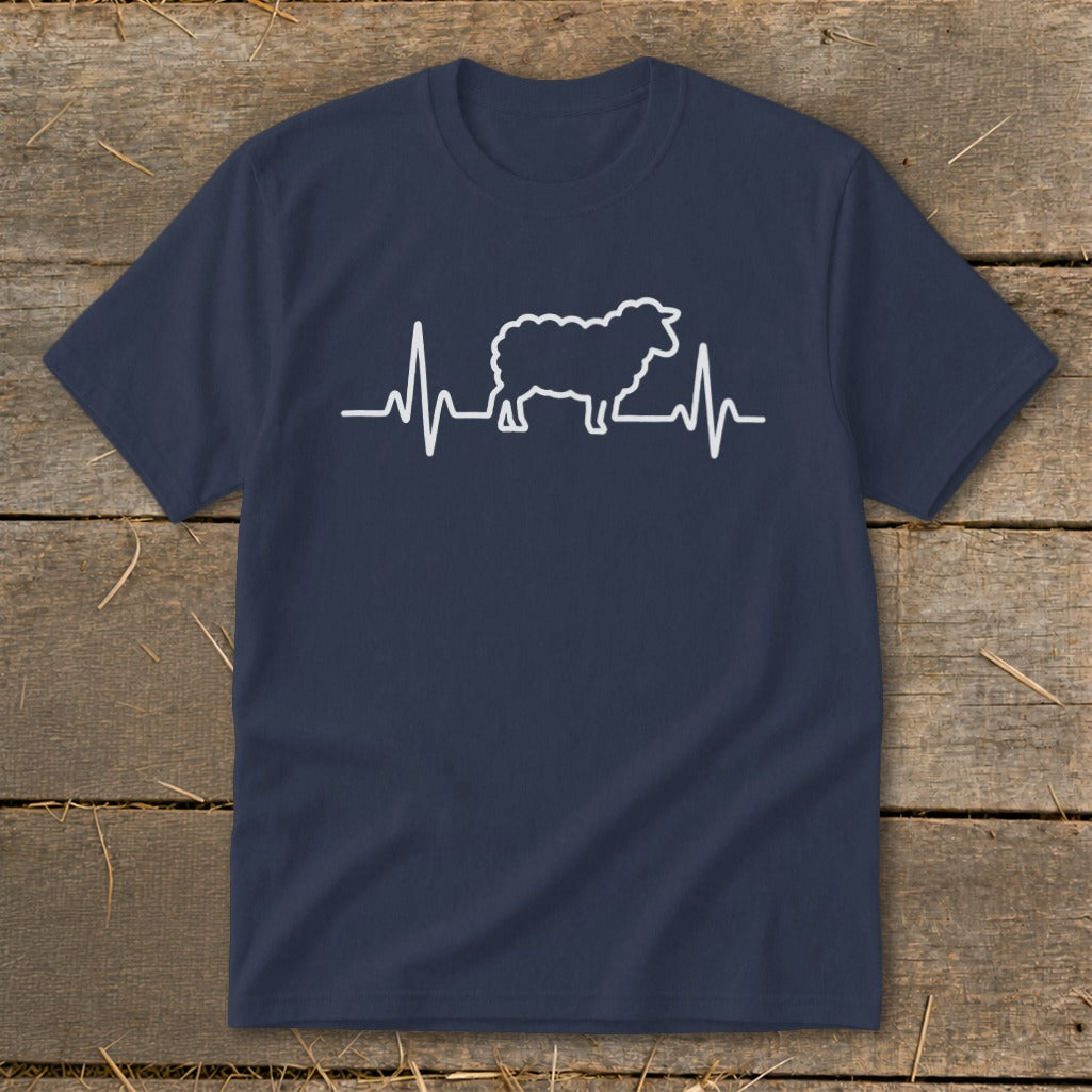 A dark blue crewneck t-shirt featuring a white graphic of a sheep integrated into a heartbeat line.