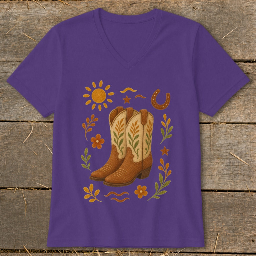 Purple v-neck t-shirt with a cowboy boot and western themed graphic.