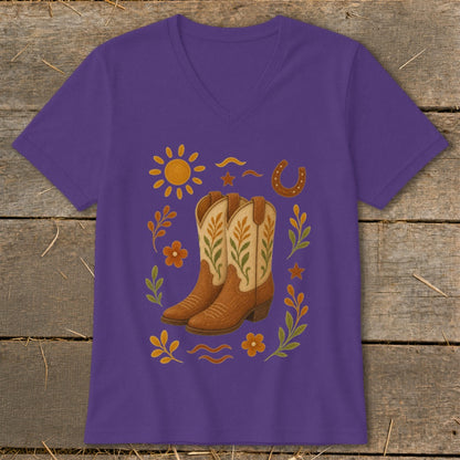 Purple v-neck t-shirt with a cowboy boot and western themed graphic.
