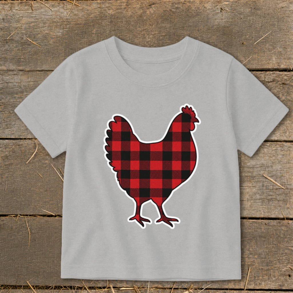 Grey t-shirt with a buffalo plaid chicken graphic.