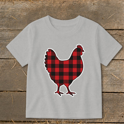 Grey t-shirt with a buffalo plaid chicken graphic.