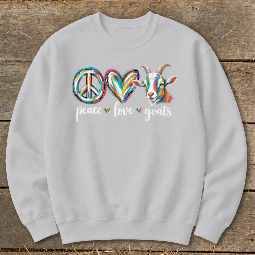Light gray sweatshirt with peace, love, and goats graphic and text.