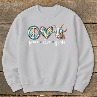 Light gray sweatshirt with peace, love, and goats graphic and text.