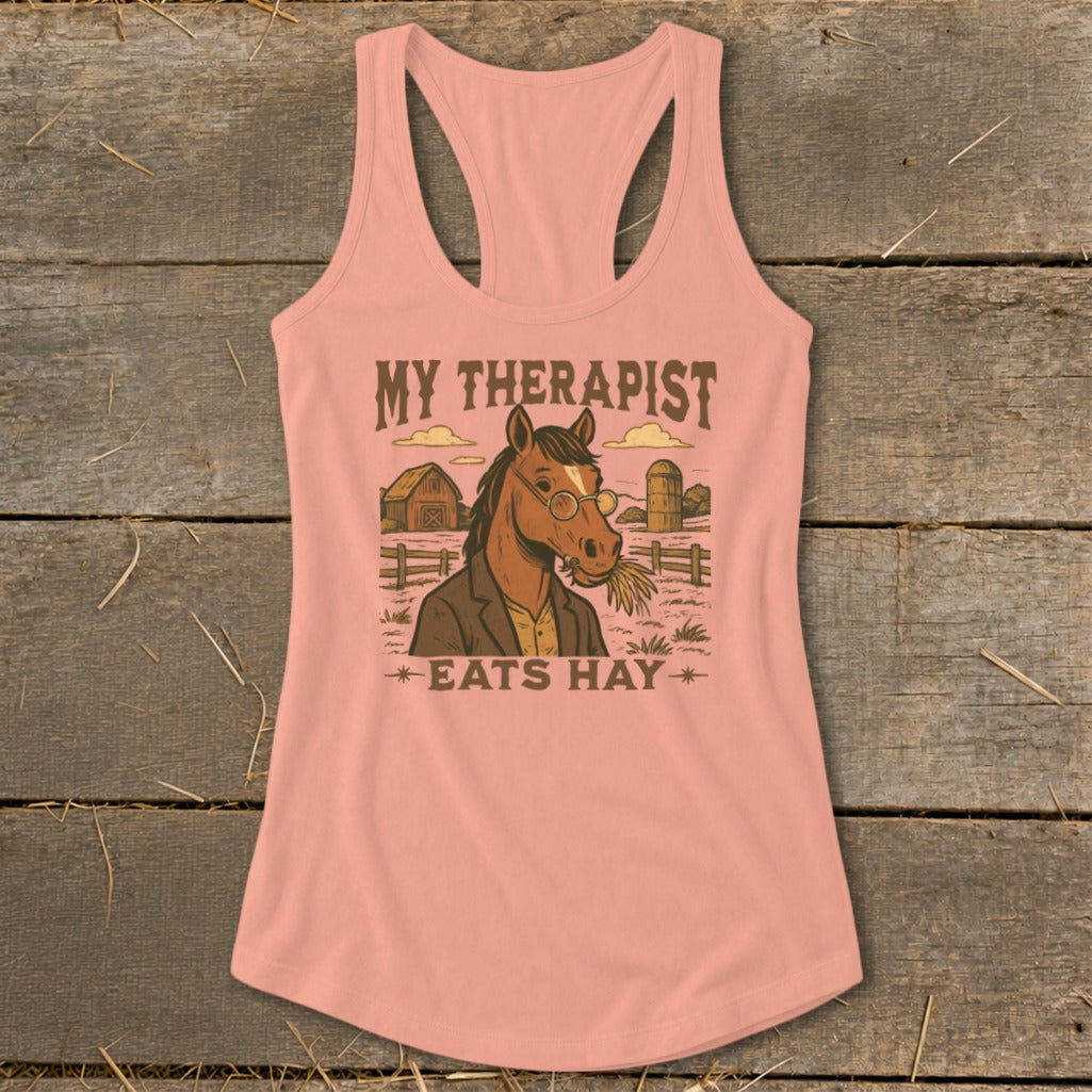 Tank top with cartoon horse in glasses and suit, saying "My Therapist Eats Hay."