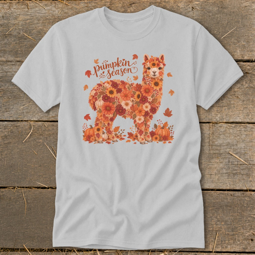 Light gray t-shirt with floral alpaca graphic and text "Pumpkin Season"