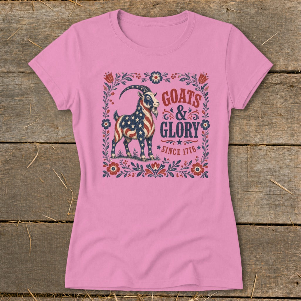 Pink t-shirt with patriotic goat graphic and "Goats & Glory Since 1776".