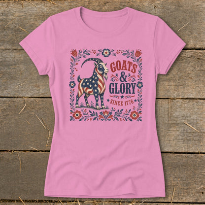 Pink t-shirt with patriotic goat graphic and "Goats & Glory Since 1776".