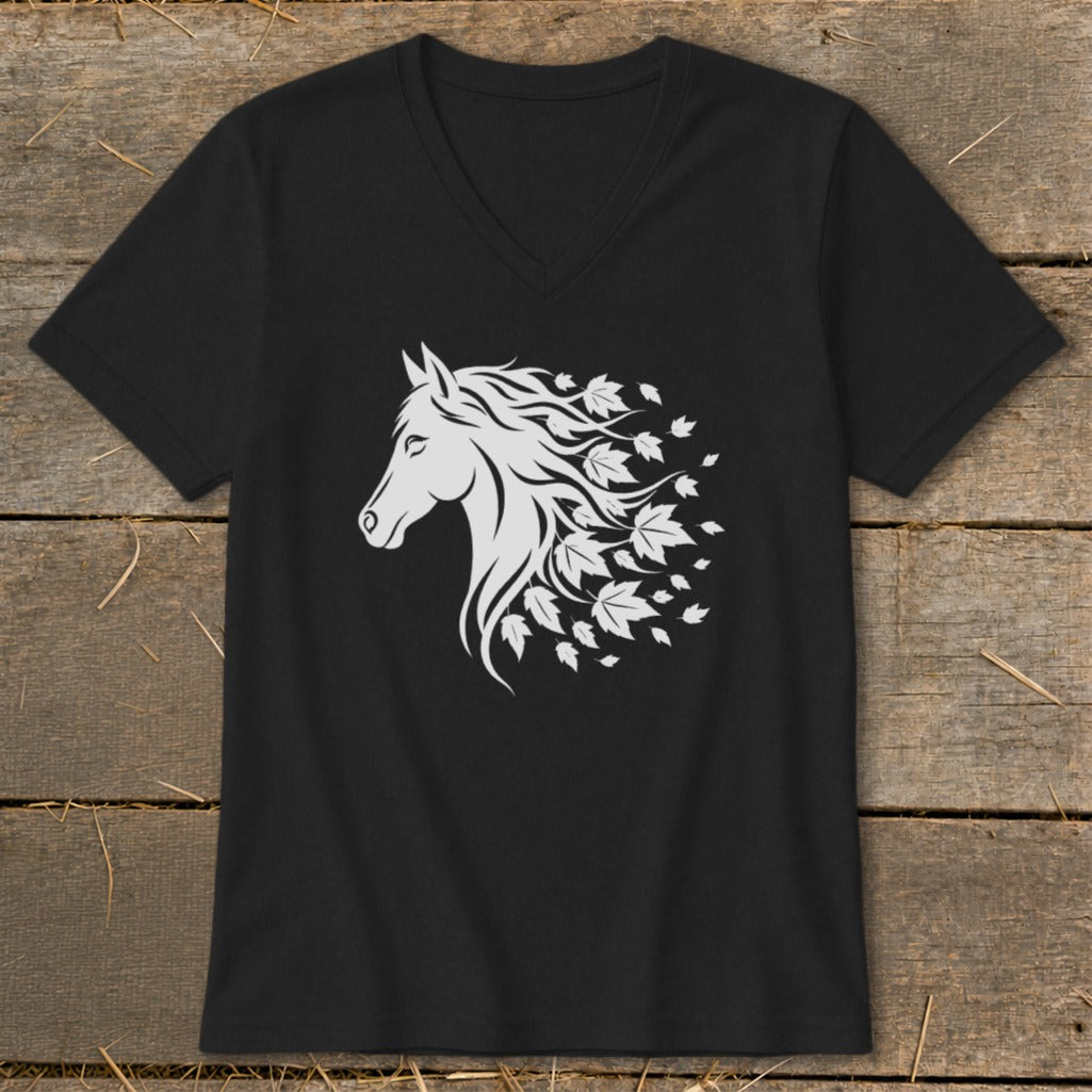 Black v-neck t-shirt with a white horse head and maple leaves graphic.