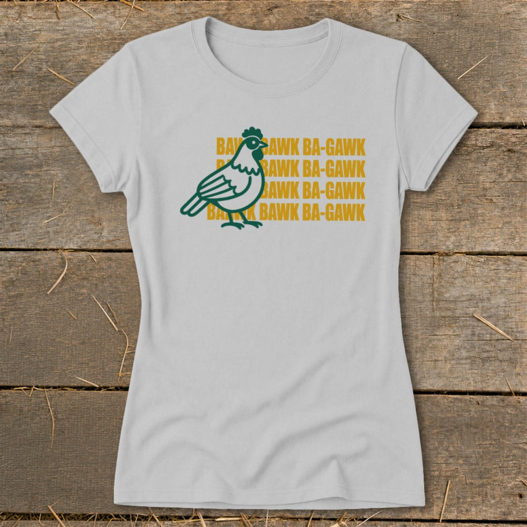 White t-shirt with a green chicken graphic and "Bawk Ba-Gawk" text.