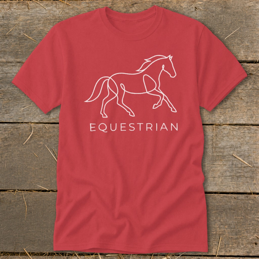 Red t-shirt with a white line drawing of a horse and the word "EQUESTRIAN".