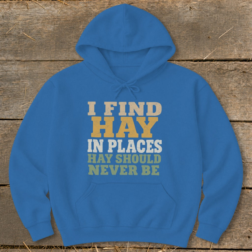 Blue hoodie with text: I FIND HAY IN PLACES HAY SHOULD NEVER BE.