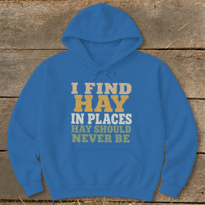 Blue hoodie with text: I FIND HAY IN PLACES HAY SHOULD NEVER BE.