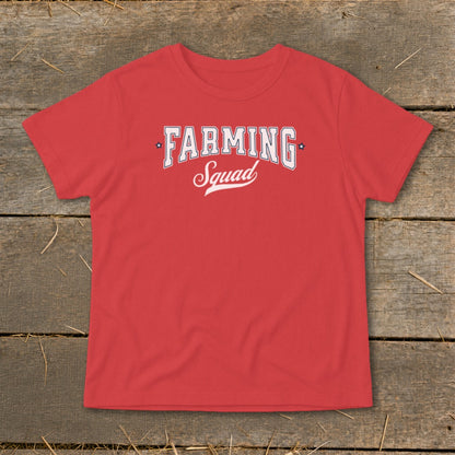 Red t-shirt with "Farming Squad" text and stars.