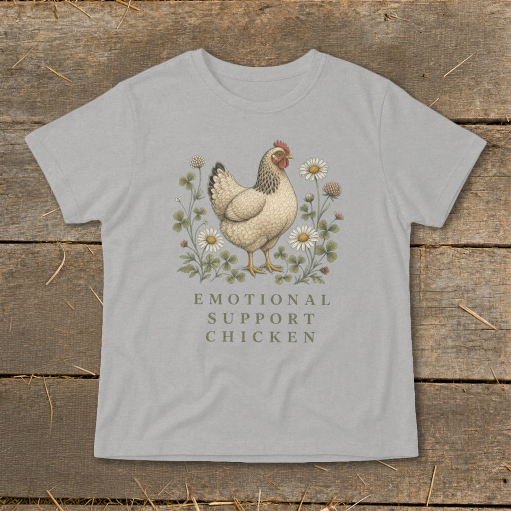 Light gray t-shirt with a chicken illustration and text "EMOTIONAL SUPPORT CHICKEN".