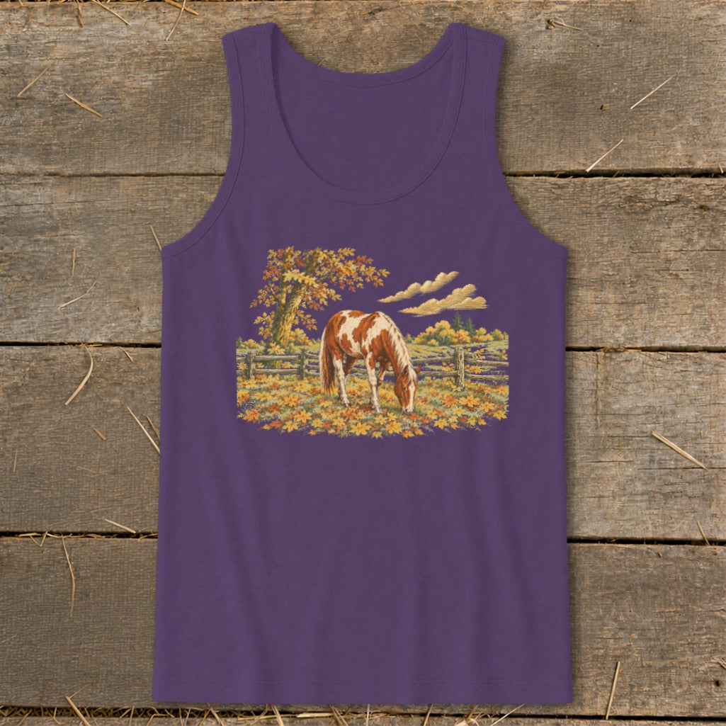 Purple tank top with a graphic of a brown and white horse grazing in an autumn field.