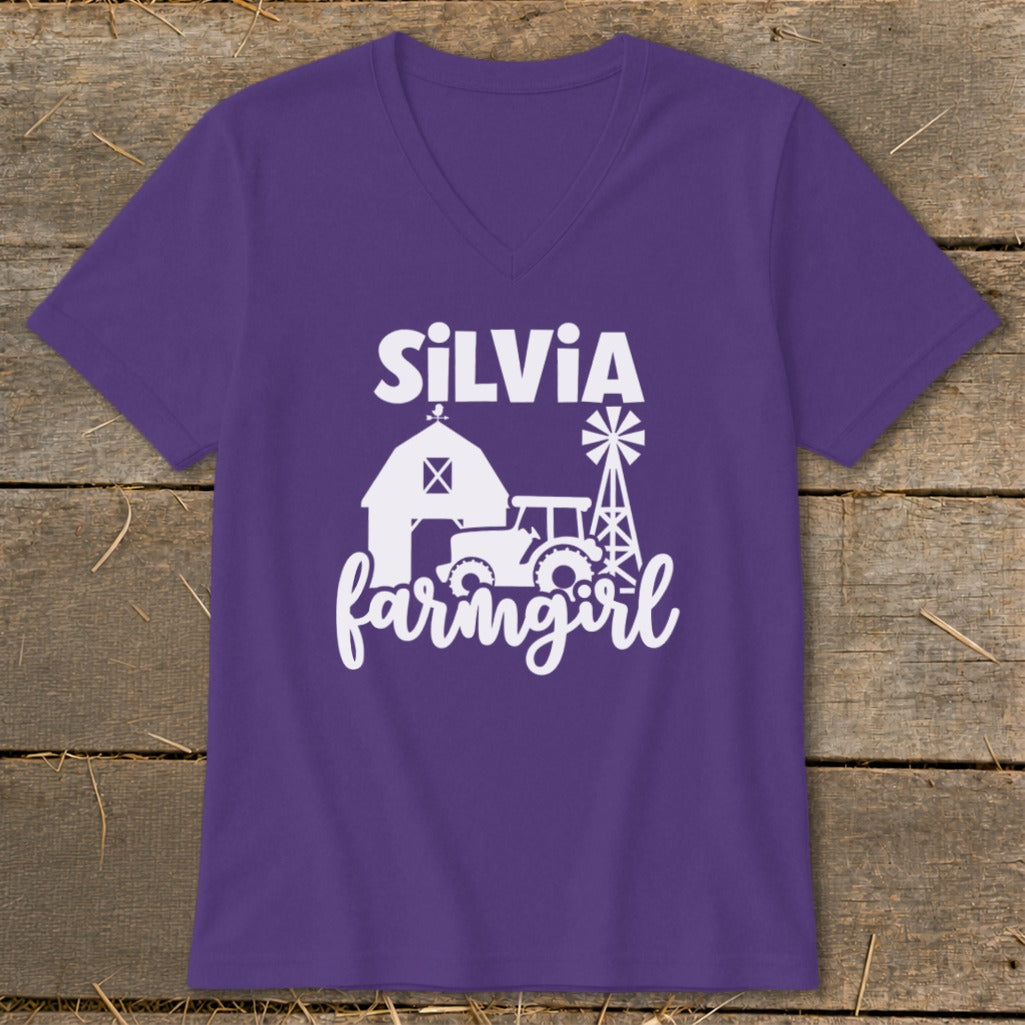 Purple t-shirt with white "Silvia Farmgirl" text and farm graphic.
