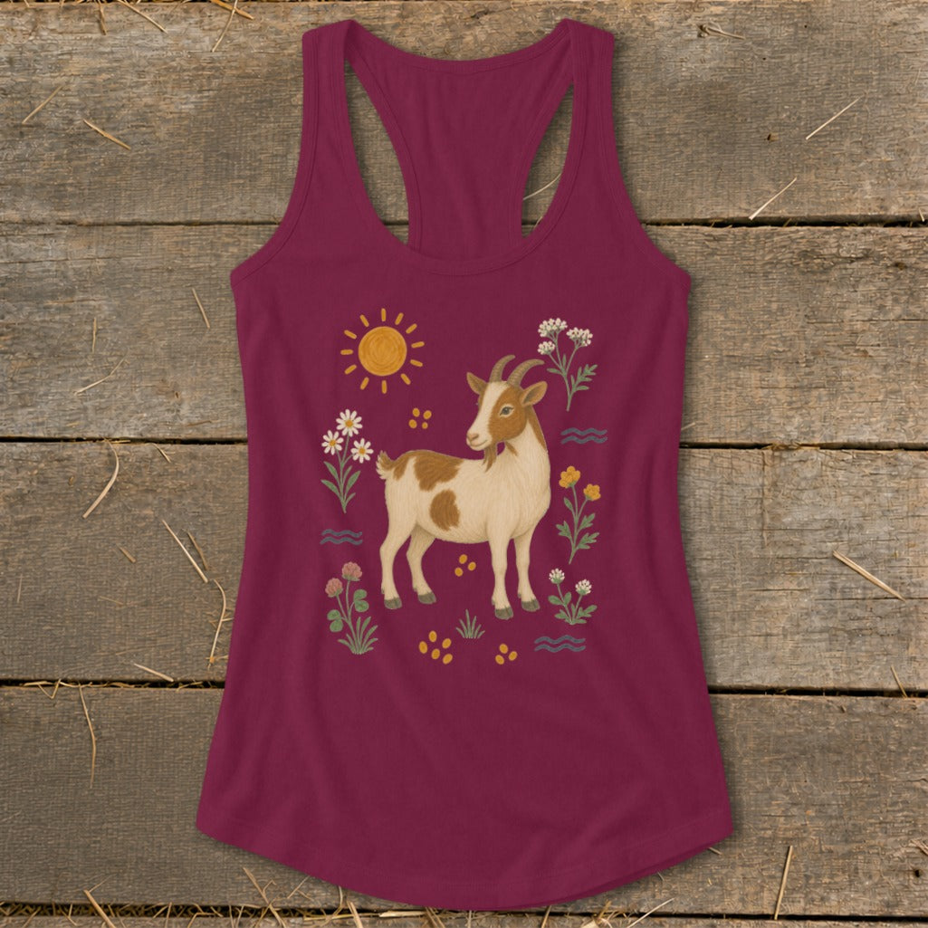 Maroon tank top with a goat, sun, flowers, and water graphic.