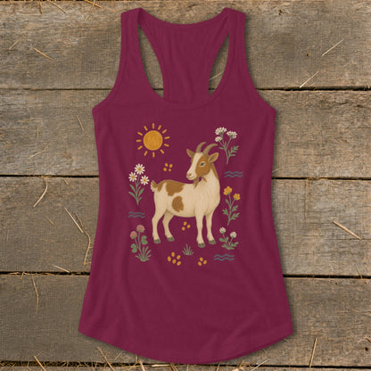 Maroon tank top with a goat, sun, flowers, and water graphic.