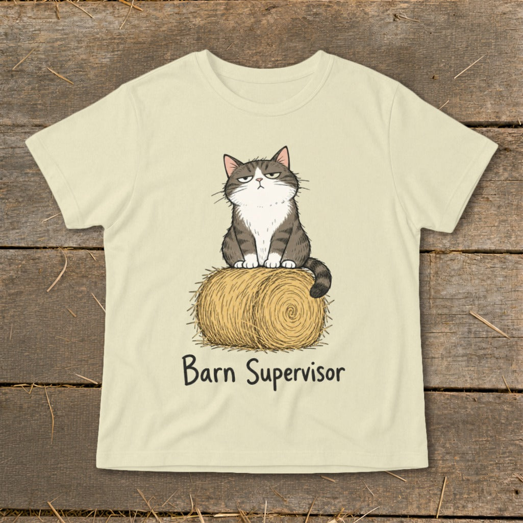 T-shirt with a grumpy cat sitting on a hay bale, text reads "Barn Supervisor".